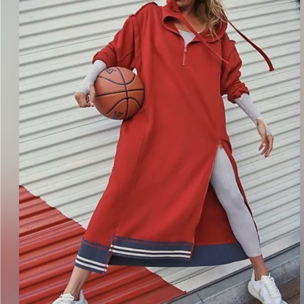 FP Movement Oversized Red Long Hoodie Dress with Zipper